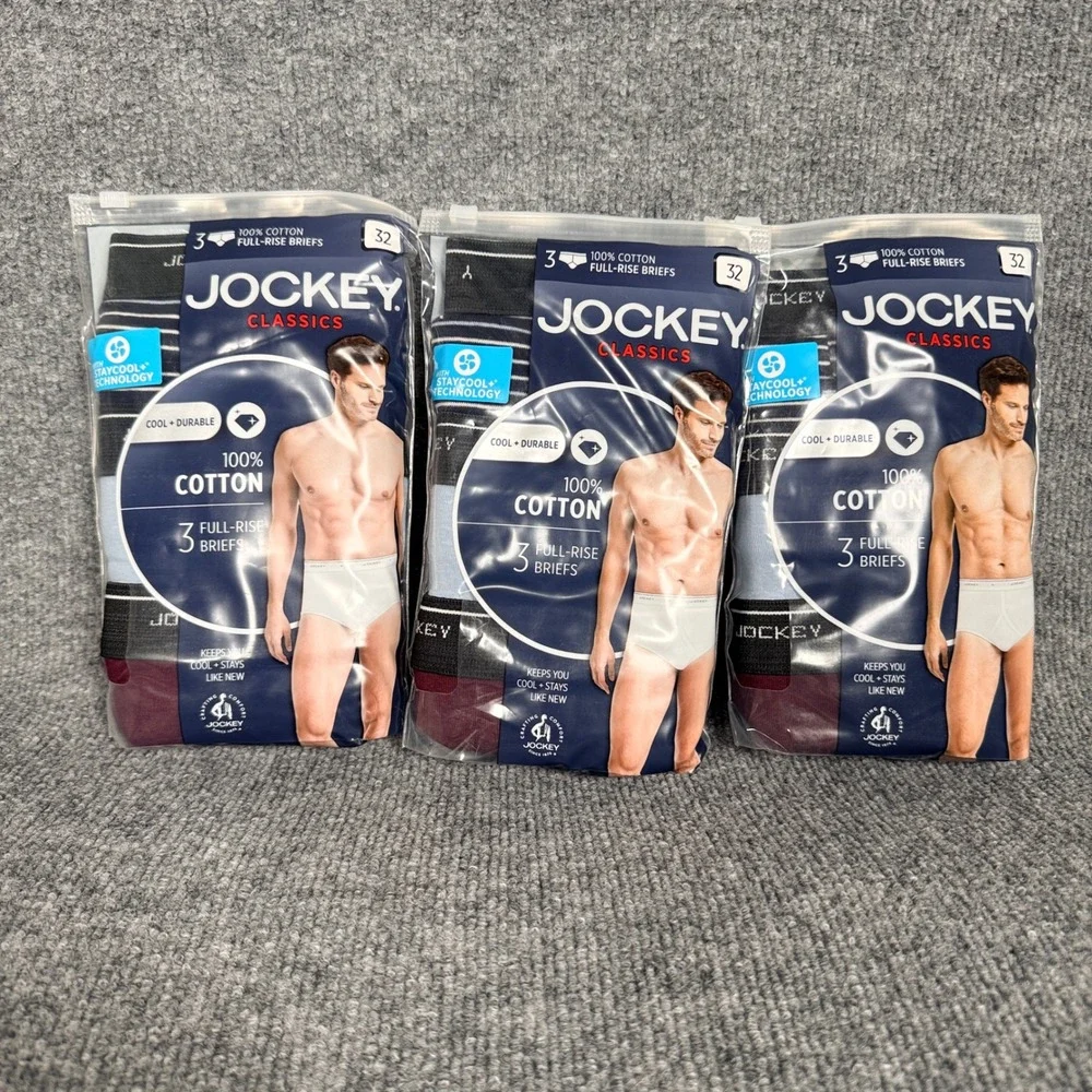 New Lot of 3 Jockey Classic Mens Size 32 Briefs White Cotton Full Rise Underwear